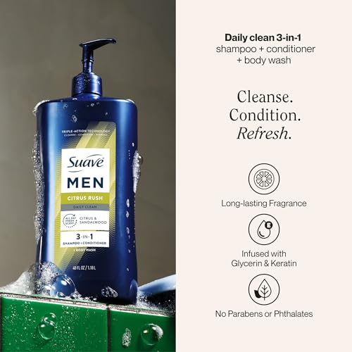 Suave Men Citrus Rush Daily Clean 3 in 1 Shampoo, Conditioner & Body Wash with Glycerin & Keratin Hydrates & Smooths Hair, Citrus Scent, 4 Count, 40 FL OZ Pump