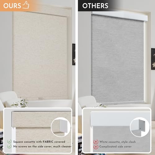 Persilux Blackout Linen Roller Shades - 34.5 x 64 Inches, Cream, Cordless, Insulated Window Blinds for Home & Office