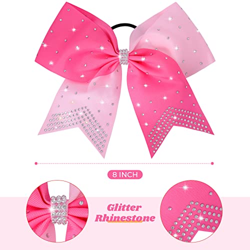 DEEKA Pack of 10 Large Cheer Hair Bows 8" with Rhinestones for Girls, Softball & Cheerleader Sports - Light Pink/Hot Pink