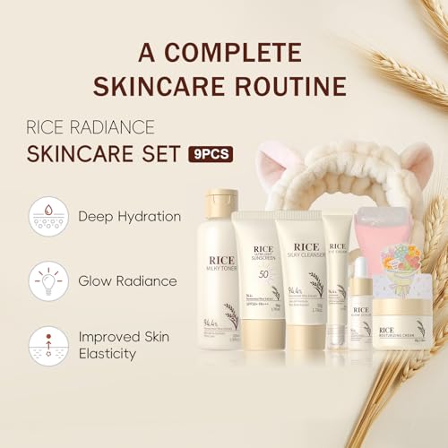 Rice Skincare Set for Women & Girls ? Korean Skin Care Set with Rice Cleanser, Toner, Serum, Face Cream, Eye Cream, Sunscreen, Ice Roller, Headband & Card ? Moisturizing & Skin Barrier Support (9PCS)
