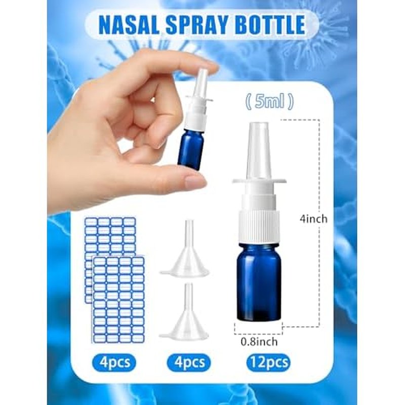 20 Pcs Nasal Spray Bottle, 5ML/0.17OZ 12 Pcs Blue Glass Refillable Nasal Spray Bottles Empty with 4 Funnels and 4 Labels
