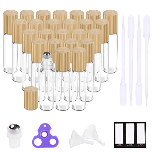 PrettyCare 10ml Glass Essential Oil Roller Bottles Set with Bamboo Lids - 24 Pack, Clear with Wooden Cap