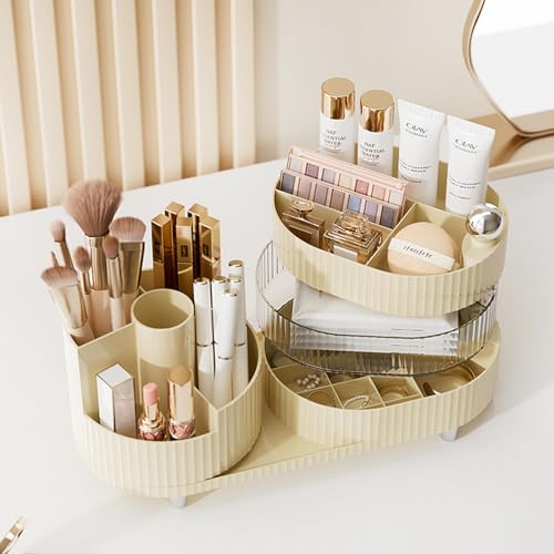 3 Layer Rotating Makeup Organizer with Drawer & Brush Holder - Ivory