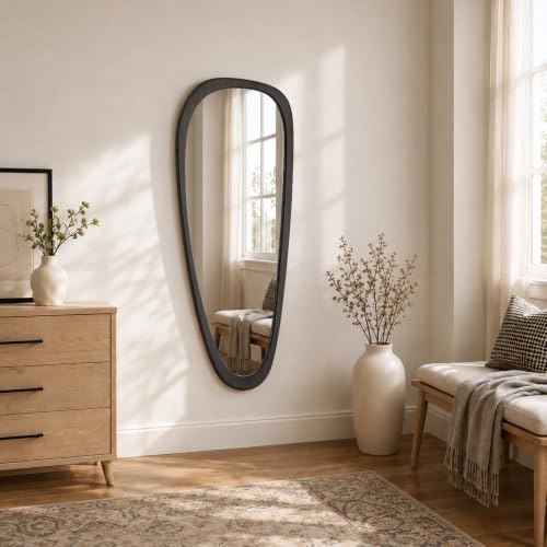 WallBeyond 48" x 22" Irregular Wooden Wall Mirror - Dark Brown, Mid Century Modern Decor