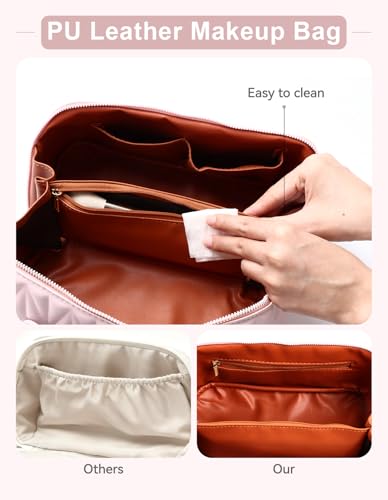 Travel Makeup Bag for Women - Pink Large Capacity Cosmetic Organizer with Divider & Handle