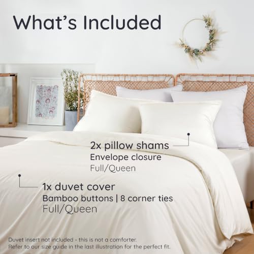 Queen Duvet Cover Set - 3pcs Eco-Friendly Bamboo Cotton Cooling & Soft Ivory