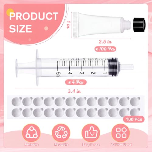 5ml Reusable Travel Tube Container Set with Syringe & Seal Stickers - Translucent, 100 Pieces