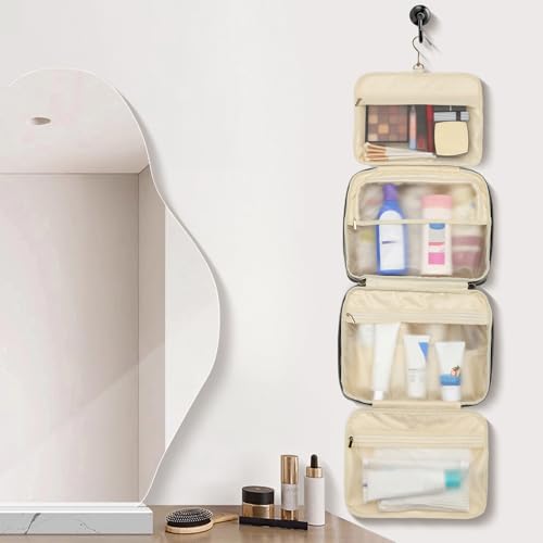 Large Waterproof Vegan Leather Hanging Toiletry Bag with Wet-Dry Compartments - Travel Organizer