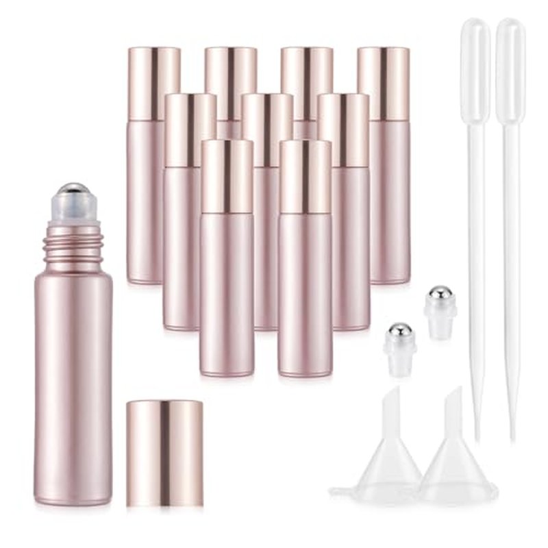 10 Pack 10mL Essential Oil Roller Bottles Empty Glass Roll On Bottles Rose Gold with Stainless Steel Ball Applicator for Perfume Refillable Leak Proof Travel Portable DIY Craft Eye Care Sample