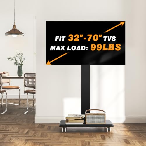 TVON Black Wooden Base Rolling TV Stand for 32-70 Inch TVs, Swivel & Height Adjustable