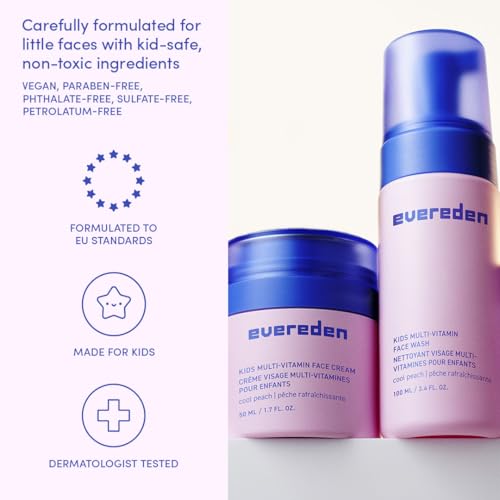 Evereden Kids Happy Face Duo Cool Peach and Baby Lip Balm - Multi-Vitamin Kids Face Wash, Face Cream and Baby Lip Balm Set - Clean & Vegan Skin Care Toddlers 3+ - Moisturizing & Comforting