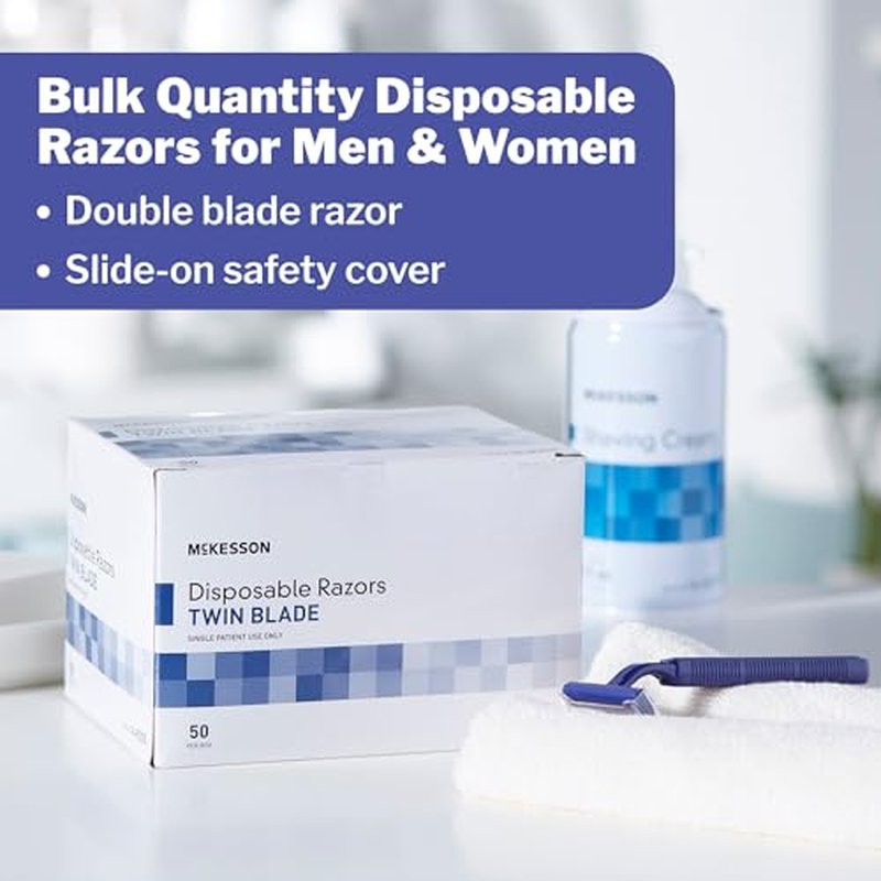 McKesson Disposable Razors [50 Count] ? Twin Blade Bulk Shaving Razors for Men & Women, Stainless Steel, Blue, Single-Use for Medical Clinics, Tattoo, Travel, Camping & Salon Care