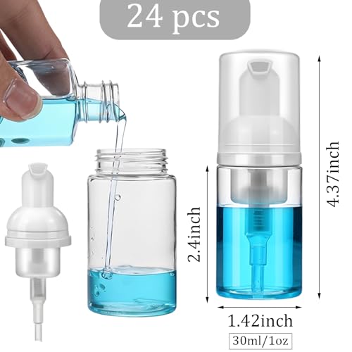 24 Pcs Foam Pump Bottle Travel 30 ml/1 oz Small Size Mousse Foam Soap Dispenser Clear Plastic Empty Refillable Pump Containers Mini Foaming Soap Dispenser for Face Wash Lash Shampoo Skin Care