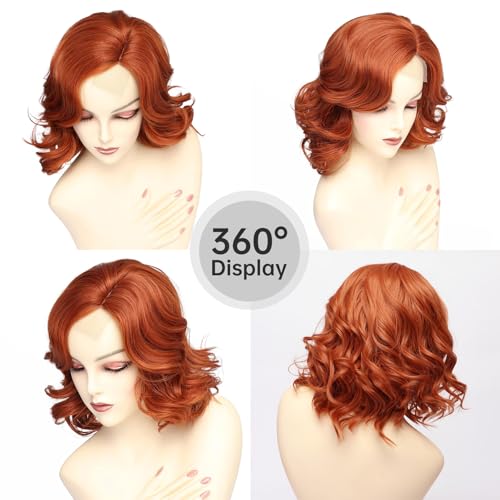 Lace Copper Red Wavy Wig for Women - Short Layered Synthetic Curly Hair, 14 Inch, Natural Look