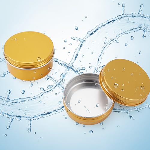 Patelai 2 oz 120 Pcs Metal Round Tins Salve Tins with Screw Lid Metal Jars Aluminum Cans Containers 20 Sheets Stickers for Candle Making Salve Spice Candies Balms(Gold)