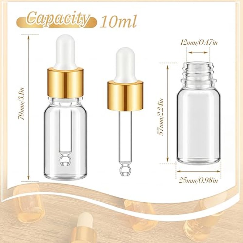 100 Pcs Mini Glass Oil Dropper Bottle Bulk, Clear Essential Small Empty Bottles Sample Containers Perfume Liquid Vials with Cap for Traveling (10 ml,Gold)