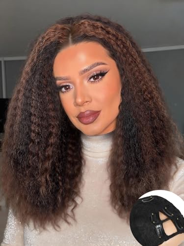 Kinky Straight Half Wig with V Part - 16 Inch Brown Layered Synthetic Wig - Highlight Brown Variation