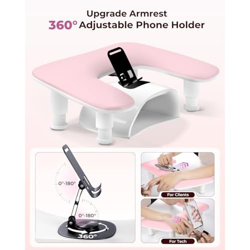 Arm Rest for Nails Tech with Phone Holder,Adjustable Nail Hand Rest for Acrylic Nails,PU Leather-Pink