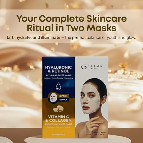 Clear Beauty Hyaluronic & Retinol + Vitamin C Collagen Face Mask Duo ? Hydrating, Firming & Revitalizing For Dull Or Aging Skin ? Dermatologist Tested, Korean Skin Care, Clean Beauty ? 10 Sheets