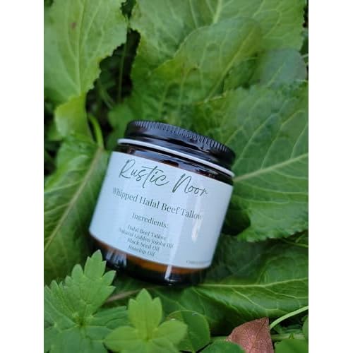 Rustic Noor - 100% Halal Beef Tallow Cream for Skin, Face, & Body. Whipped Moisturizer - 4oz Jar (Handmade in Upstate NY) (Jojoba, Black Seed Oil, & Rosehip)