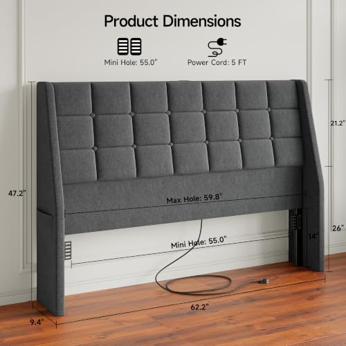 Queen Size Upholstered Headboard with Charging Station, Wingback Support