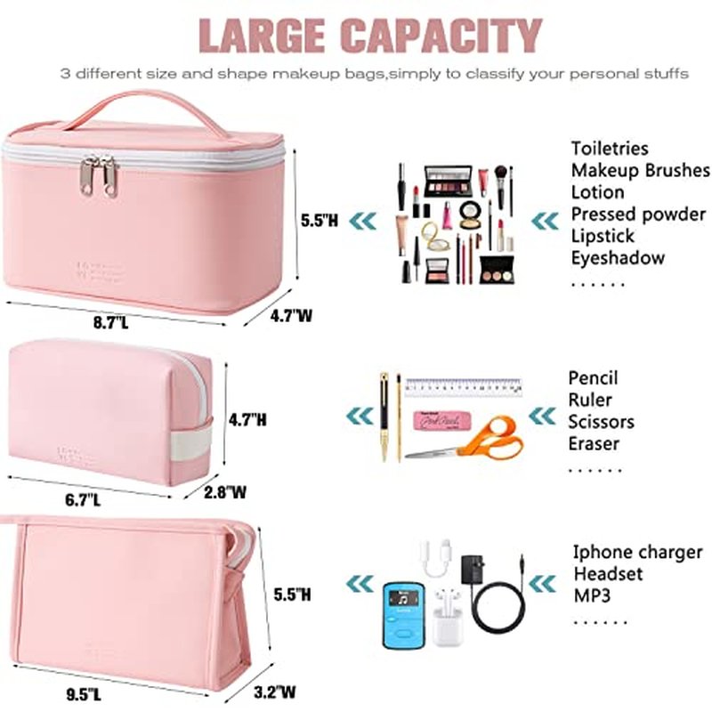 3 Pack Makeup Bag Sets Travel Large Toiletry Bag Portable Cosmetic Zipper Pouch with Brush Organizer Waterproof Small Storage Case for Women and Girls,Light Pink