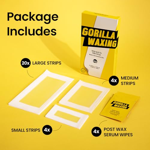 Gorilla Waxing Korean Strip & Go Wax Strips Kit, 50 Multi-Size Sugaring Wax Strips + Calming Serum Wipes, Ready-to-Use Hair Removal for Face & Body, Suitable for Sensitive Skin, Korean Skin Care, MEGA