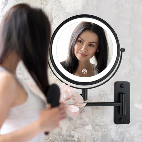 JANEEVA 8" Wall Mounted Lighted Makeup Mirror,Rechargeable Double Sided 1X/10X Magnifying Mirror with 3 Color Lights,Touch Dimmable Bathroom Vanity Mirror with 360¡ÆSwivel Extendable Arm Matte Black