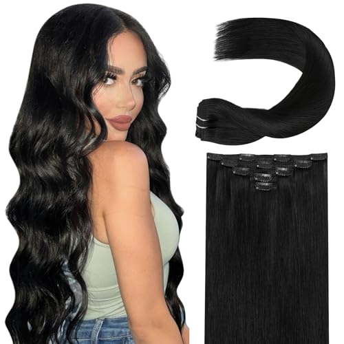 Clip in Remy Human Hair Extensions 20 Inch Straight Natural Black 1B - 5 Pack