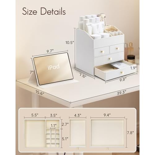 VLANDO Makeup Organizer Countertop,Large Vanity Organizer PU Leather Make up Storage with 4 Drawers Skin care Organizer Cosmetic Display Case for Lipstick,Brushes,Bedroom-White