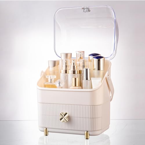 Preppy Skincare Organizers Makeup Organizer Holder Cosmetic Storage Box Display Case 3 Tiers Dust Free Cover Portable Handle 2 Rroomy Drawers Gift Great For Bathroom Countertop Dresser Ivory White