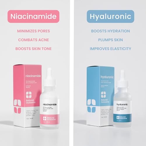 Natural Outcome Hydrating Hyaluronic Acid Serum and 10% Niacinamide Face Serum - Lightweight Anti Aging Facial Serum Set 1 oz Each, Vegan, Cruelty Free & Fragrance Free