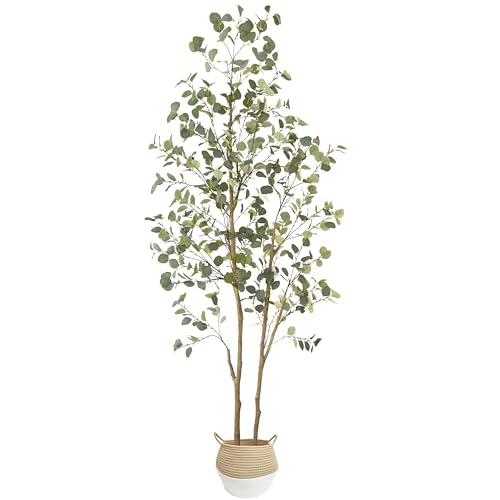 8ft Artificial Eucalyptus Tree with Woven Basket – Realistic Faux Indoor Outdoor Plant