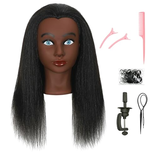 Mannequin Head with Stand - 22 Inch Human Hair for Hairdressing Practice - Deak Black