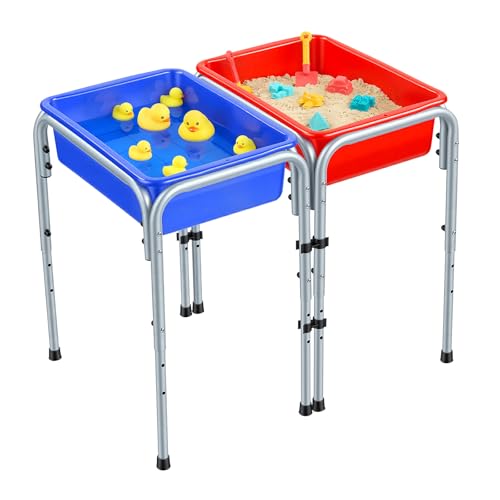 Kids Sensory Play Table with 2 Bins - Adjustable Height, Detachable Storage - 15.1"D x 42.9"W x 26"H, 2-Station Sand & Water Table for Toddlers