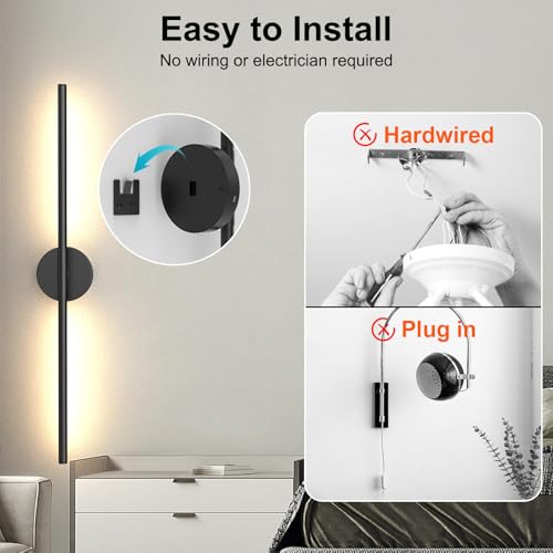 Black 32 Inch Rechargeable Wireless LED Wall Sconce Set of 2 with Remote, Dimmable & Rotatable