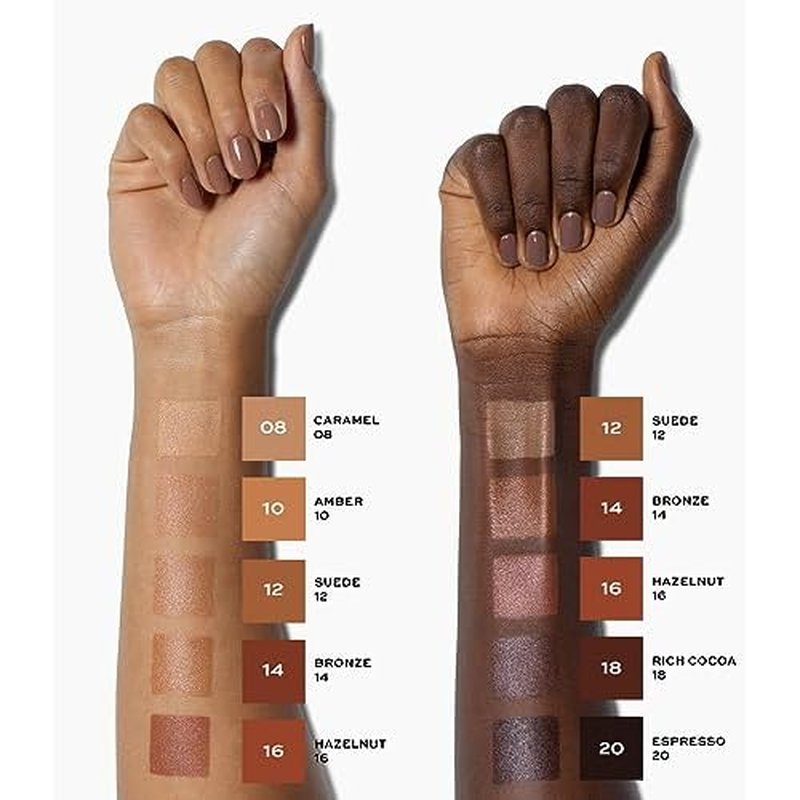 MAKE Beauty Diffusion Dew Skin Tint. Sheer to Medium Coverage Radiant Finish. Blurring, Smoothing, and Brightening for Glowing Complexion. Enhanced with Niacinamide and Adenosine. Bronze 14