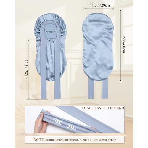 AWAYTR Long Silk Bonnet for Sleeping - 100% Mulberry Silk Bonnet for Women Long Hair Sleep Cap with Elastic Tie Band (Haze Blue)