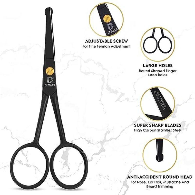 4.5" Round Tip Safety Mustache Scissors Beard Scissors with 1 Mustache Comb, 1 Beard Comb & Soft Pouch ? Best Facial Hair Shears for Beard Mustache Trimming Nose & Ear Hair