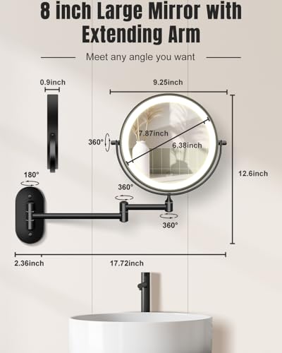 VFD 8-Inch Black Wall Mounted Lighted Magnifying Makeup Mirror with 30X/1X Dual Sides