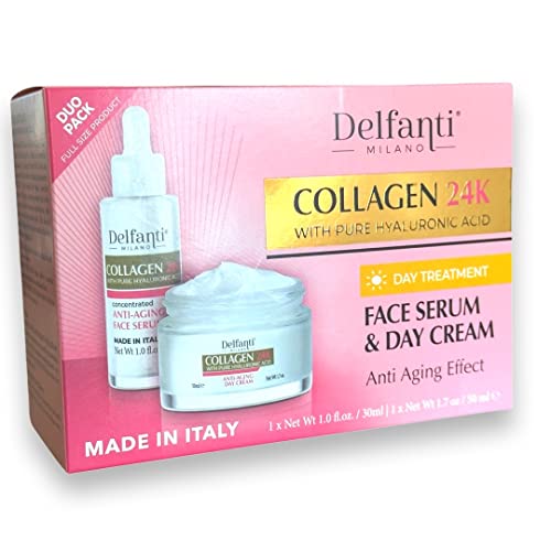 Delfanti ? COLLAGEN 24K with pure HYALURONIC Acid ? DAY TREATMENT FULL SIZE DUO PACK Concentrated Anti-Aging Serum and Day Cream for Face and Neck ? Made in Italy