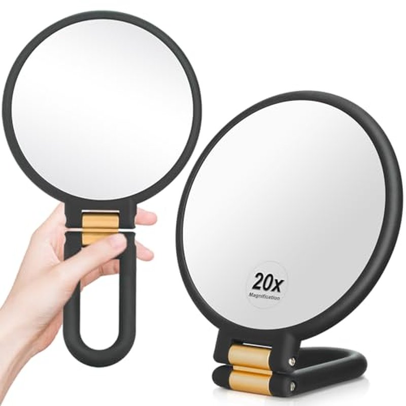 1x 20x Magnifying Travel Mirror, Hand Mirror with Handle - Double Side Hand Held Mirror with 1x 20x Magnification & Foldable Handle, Portable Travel Makeup Hand Mirror for Women (Black)