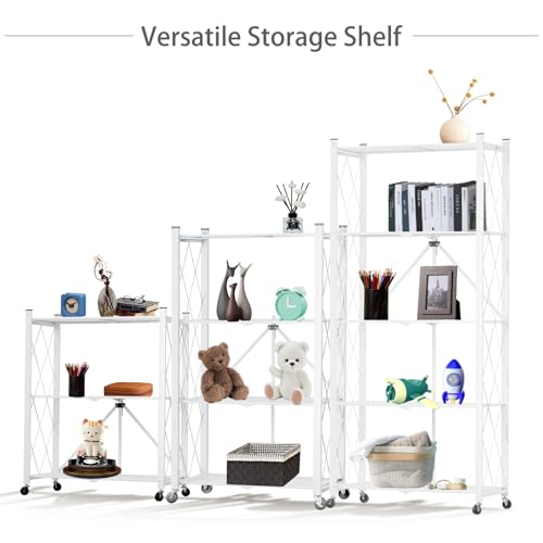 White 5-Tier Folding Storage Shelf with Wheels - No Assembly, Heavy Duty Steel