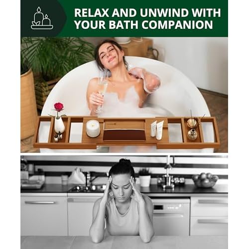 ROYAL CRAFT WOOD Premium Foldable Bathtub Tray - Wood Bath Tray for Tub, Bamboo Shelf, Expandable Bath Table Trays, Bathtub & Bathroom Accessories for New Home Gifts for Mom