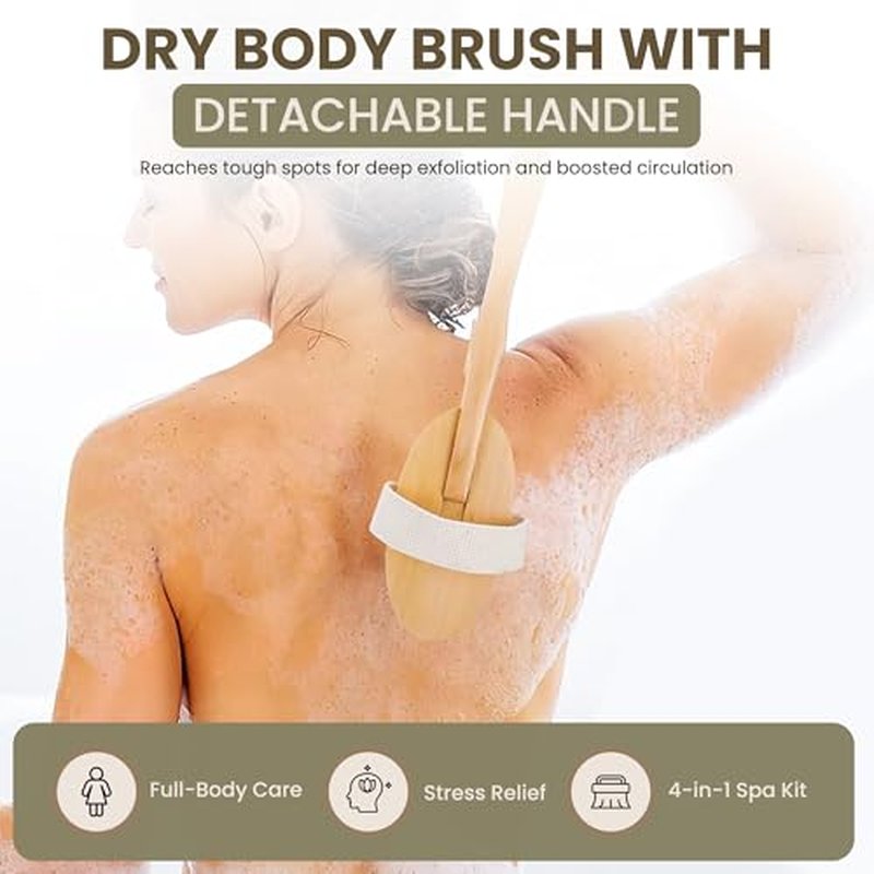 4-in-1 Exfoliating Body Scrubbers - Shower Back Brush for Women, Bristle Bamboo Brushes for Men, Dry Brushing for Lymphatic Drainage, Bath Long Handled Scrub, Cleansing Face Exfoliator, Nail Scrubber