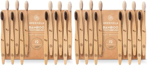 24 Pack Bamboo Toothbrushes for Adults - Eco-Friendly Wooden Toothbrush with Charcoal Soft Bristles, Includes Travel Case