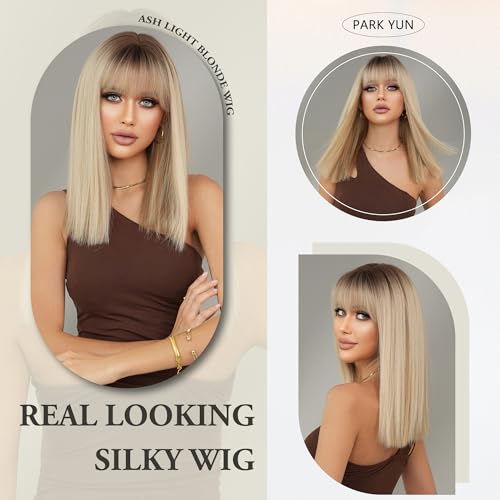 Rooted Blonde Balayage Ombre Long Bob Wig with Bang - 18 Inch Synthetic Hair for Women