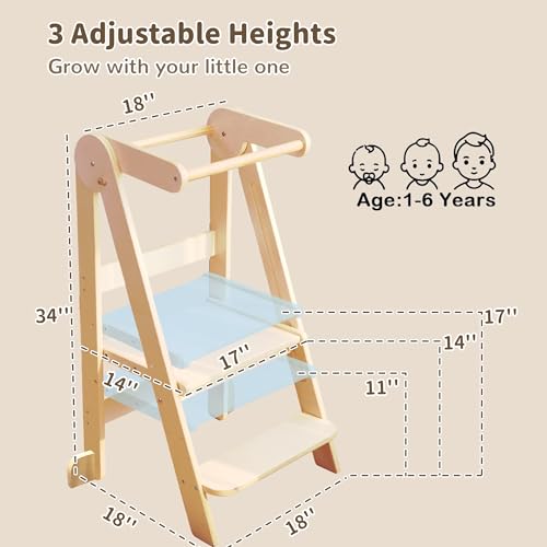 Natural Wood Foldable Toddler Learning Tower with Adjustable Heights - Preassembled Montessori Kitchen Stool for Kids 1.5-6 Years