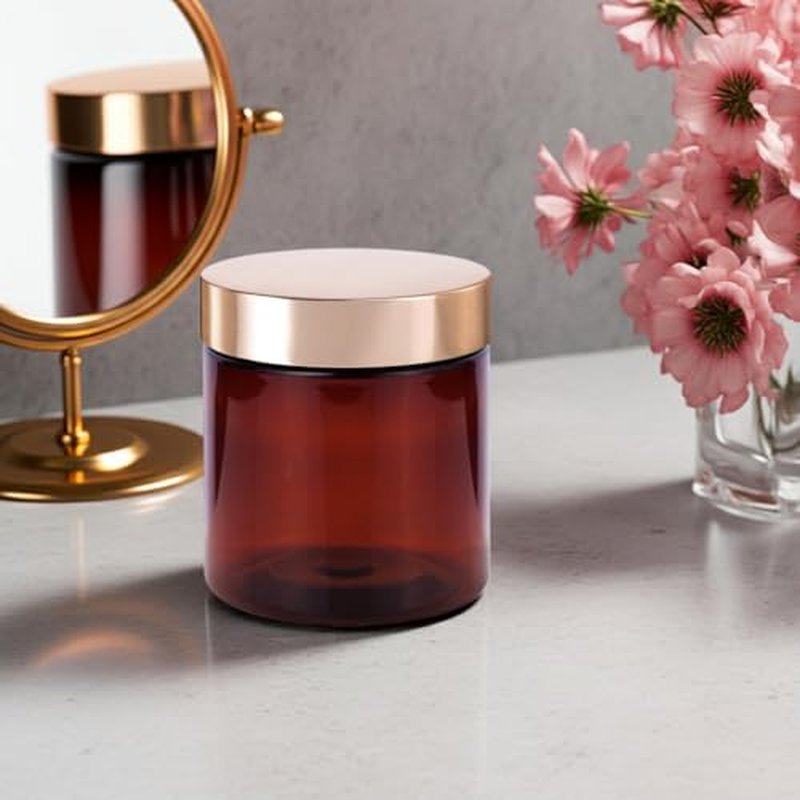(6 Pack) 8 oz Amber PET Plastic Jar with Gold Metal Overshell Lid + Spatulas