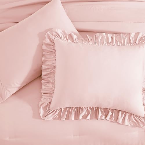 Full Size Pink Ruffle Comforter Set - Farmhouse Bed in a Bag, 7 Pieces, Soft & Cozy - Variation: Soft Pink / Full